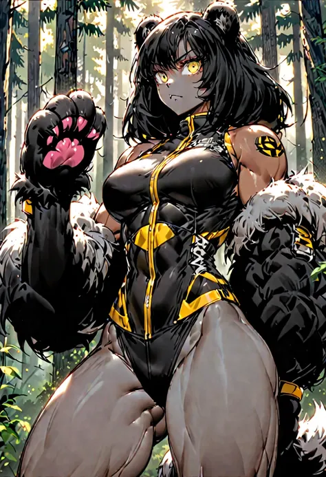 solo, female, sfw, close up, black hair, short hair, yellow eyes, broad shoulders, very strong, thick fur, black and white fur, black bear tail, furry arms:1.3, forest, abs:1.3, black furred hands, animal hands:0.9, adventurer clothes:0.7, black bear ears,...