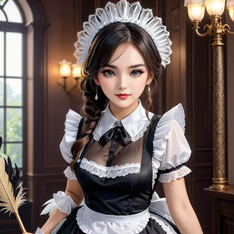 a maid in a beautiful detailed maid outfit, extremely detailed face and eyes, long eyelashes, beautiful detailed lips, elegant m...