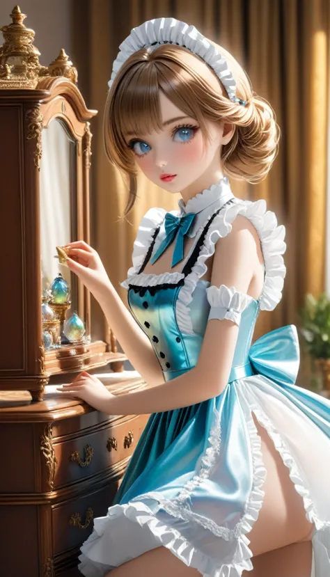 a young woman maid, hyper detailed, iridescent, idyllic, magical, dynamic pose cleaning a dresser with ornaments, (best quality,...