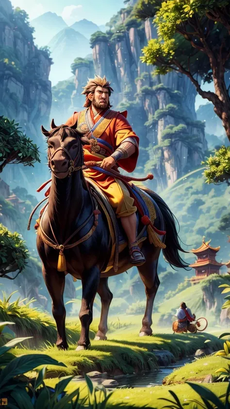 1boy, 3boys, three monks riding horses, sun wukong, sha wujing, zhu bajie, chinese mythology, journey to the west, detailed fantasy landscape, lush green forest, mountains in the background, dramatic lighting, intricate character designs, highly detailed f...