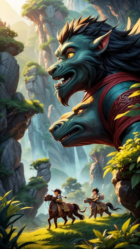 1boy, 3boys, three monks riding horses, sun wukong, sha wujing, zhu bajie, chinese mythology, journey to the west, detailed fantasy landscape, lush green forest, mountains in the background, dramatic lighting, intricate character designs, highly detailed f...