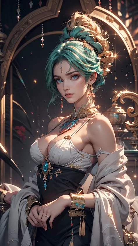 (masterpiece, highest quality, highest quality, Official Art, Beauty and aesthetics: 1.2), (One girl: 1.3), (Fractal Art: 1.3), Bright aqua blue eyes, Wear sexy and erotic clothes、Too much exposed skin