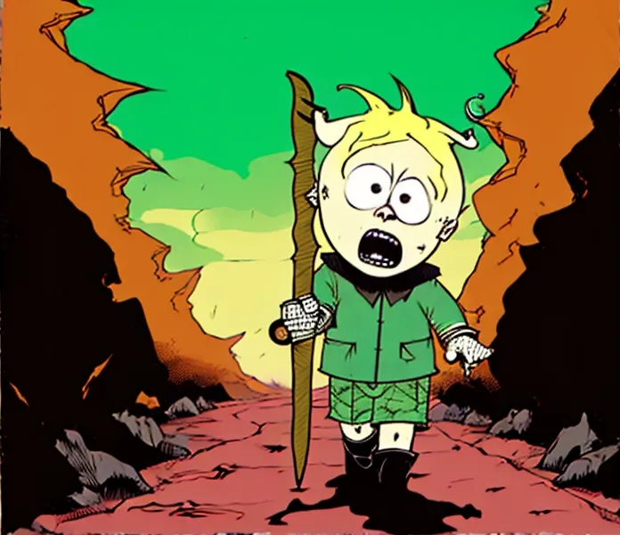 butters stotch holding rifle walking on road at desert, demon horns, demon tail, angry and happy, bestiary_style