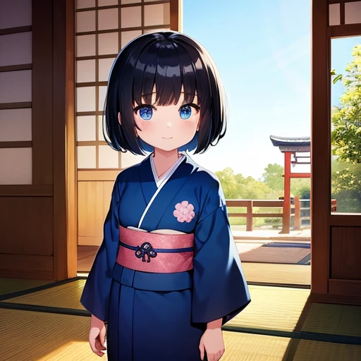 1 Little kid anime girl with short black hair and blue eyes, she is wearing a blue kimono, she is looking happy in a ancient Japanese temple 