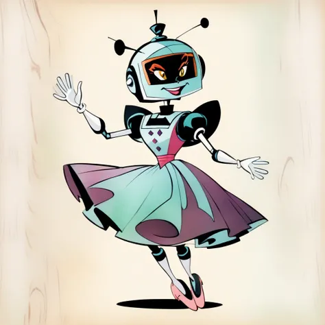 (Jetsons color scheme, unified colors, wooden texture wall paneling background), Rosie the Robot in a maid outfit, (vintage comic, The Jetsons style reference) dancing stanky boogie, 1960s rich color grading for shading depth, 1940s watercolor background
