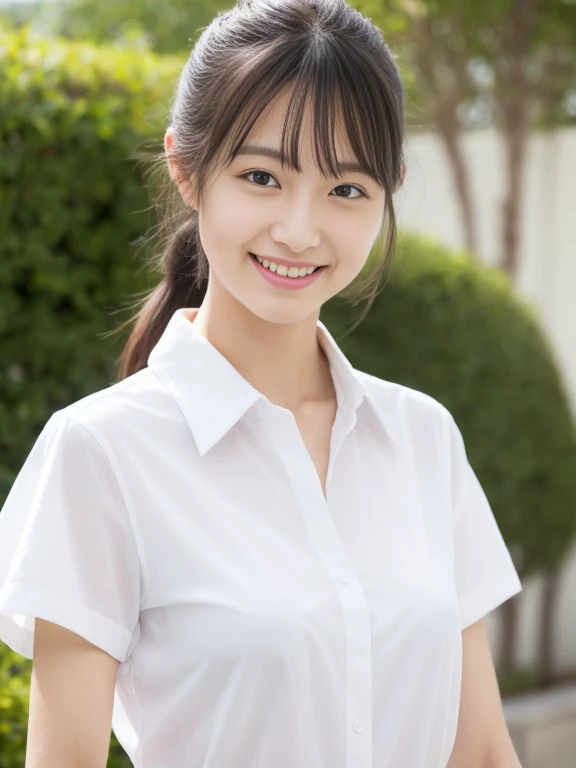 （​masterpiece、high-level image quality、sharp focus）、Wearing a white shirt with short sleeves、two shirt button is missing, A Japanese Lady、25 age、(perfect anatomia、Precise and beautiful limbs), simple girl with little smile, wind blows hair, side ponytail, ...