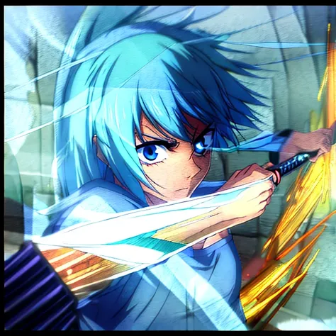 a serious cyan blue hair girl holding a katana,