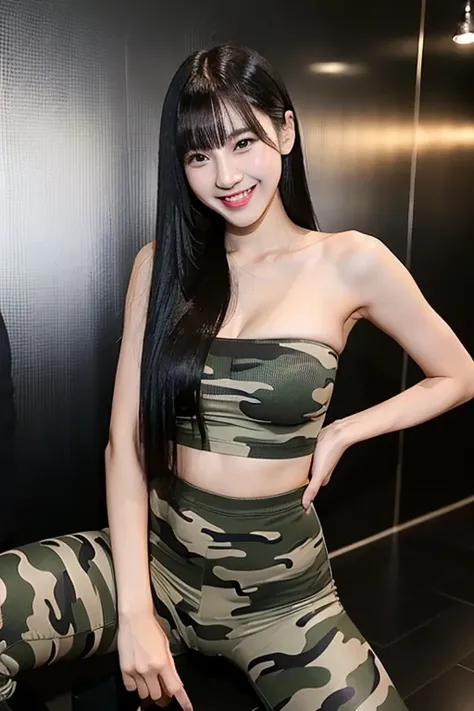 Chinese woman, very long cut, black hair, flat bangs hair, sexy woman, military, smiling, single woman, large breasts, tight camouflage strapless tube top, tight camouflage legging pants, white knee high boots, sexy pose hot, salon scene