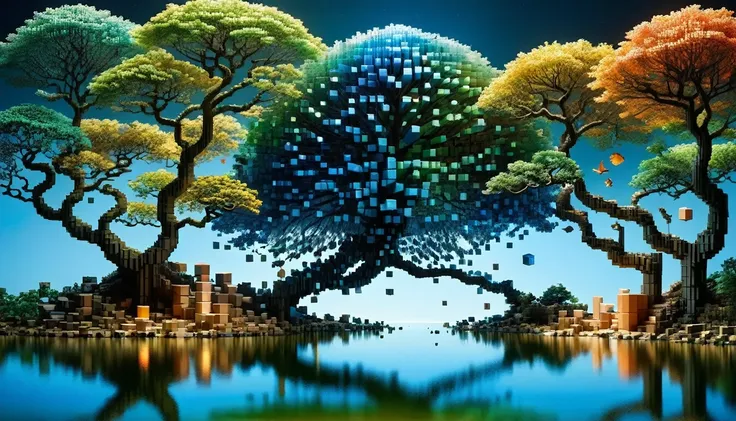 ral-3d cube tree々an enchanting forest with wildlife, wrapped in a fantastic light from the sky,the river flows,there are lots of...