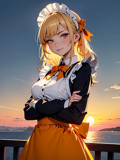 sharp focus, detailed outfit, key visual,1girl, ((sharp focus)), (depth of field), cinematic lighting, vibrant colors, 1girl, apron, blonde hair, bow, breast hold, breasts, brooch, closed mouth, crossed arms, dress, dusk, enmaided, evening, smirk, ginkgo l...