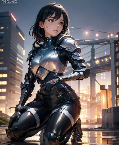 (highest quality,4K,8k,High resolution,masterpiece:1.2),Super detailed,(Realistic,photoRealistic,photo-Realistic:1.37), A Japanese female fighter with a slim build and small face, cute, 1 girl, 18-year-old, Kneeling pose, Super short black hair, A tight-fi...