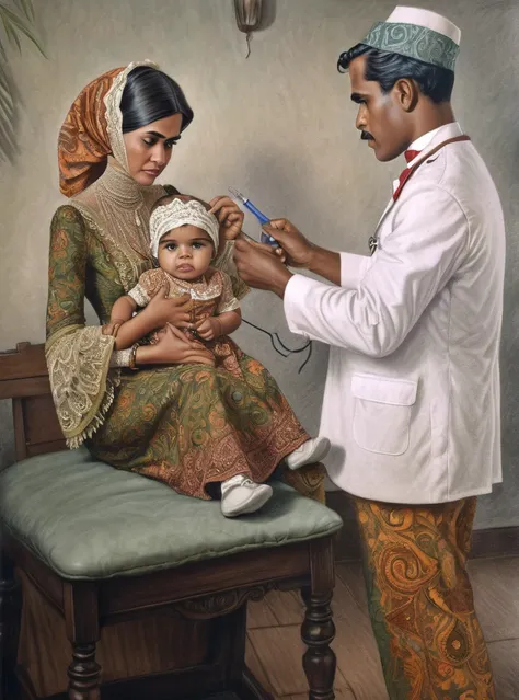 A retro picture of Indonesian male nurse injection giving a smallpox vaccine to a toddler is being carried by his worry mother, the mother wears Indonesian retro kebaya, the male nurse wears white sundanese tradisional cotton shirt and batik headband, its ...