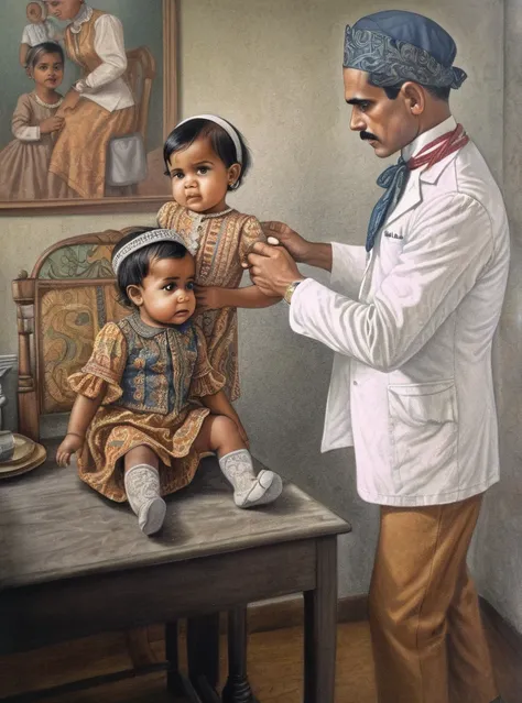 A retro picture of Indonesian male nurse injection giving a smallpox vaccine to a toddler is being carried by his worry mother, the mother wears Indonesian retro kebaya, the male nurse wears white sundanese tradisional cotton shirt and batik headband, its ...