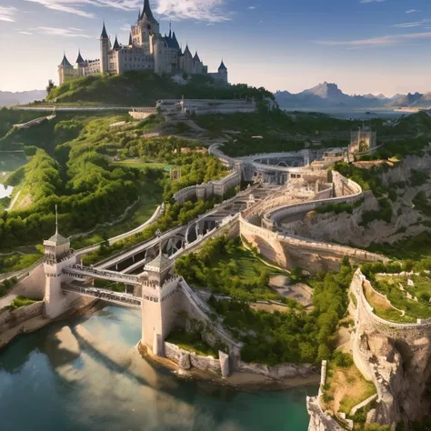 ８ｋ、masterpiece、western-style castle walls made of white marble、bridge over the river、breathtaking scenery that blurs the line be...