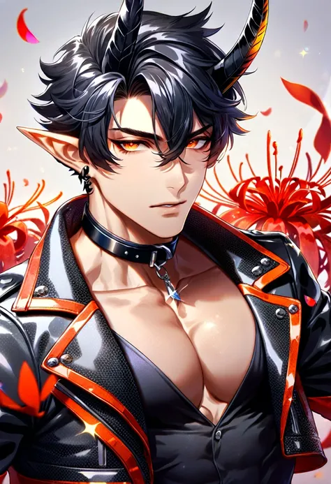 (absurdres, highres, ultra detailed, HDR) master piece, best quality, Flamebringer, black hair, expressive orange eyes, Arknights, solo, sexy man, handsome, toned chest, slightly pointy ears, black horns, black tight shirt, cropped leather jacket, black co...