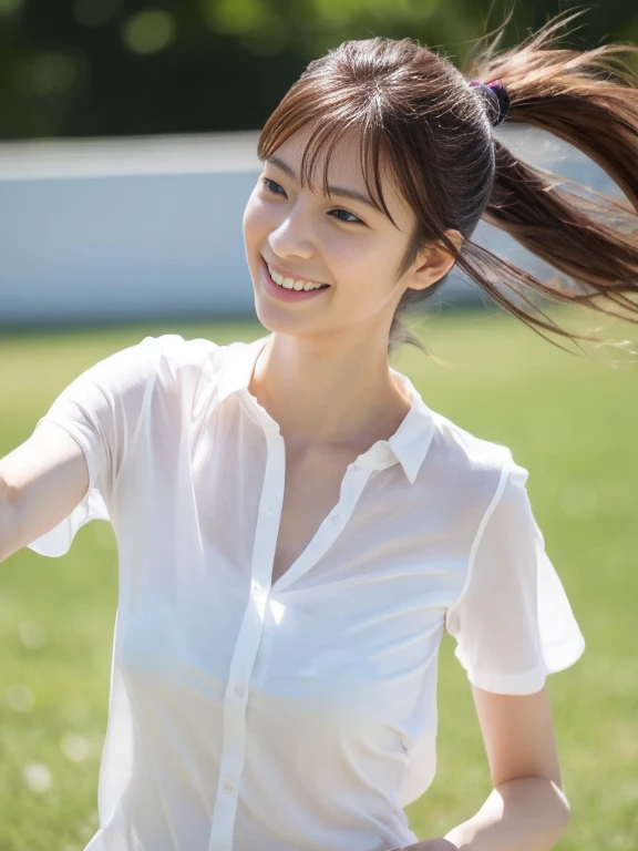 （​masterpiece、high-level image quality、sharp focus）、Wearing a white shirt with short sleeves、one shirt button is missing, A Japanese Lady、23 age、(perfect anatomia、Precise and beautiful limbs), simple girl with little smile, wind blows hair, short ponytail ...