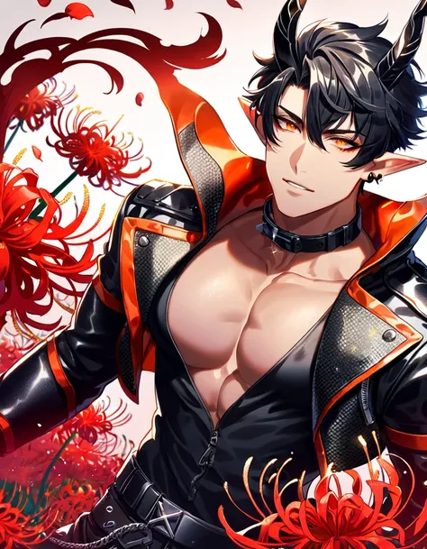 absurdres, highres, ultra detailed, HDR) master piece, best quality, Flamebringer, black hair, expressive orange eyes, Arknights, solo, sexy man, handsome, toned chest, slightly pointy ears, black horns, black tight shirt, cropped leather jacket, black col...