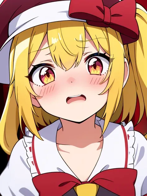 Best Quality, 1girl in, Solo, Flandre Scarlet、Hats、 Beautiful face、Eye Highlights、Opening Mouth、embarrassed from、blushed face、、bright yellow hair、shortsleeves、childish、‎Classroom