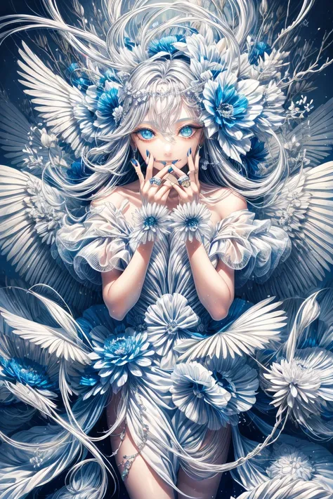 1girl, blue eyes, solo, long hair, dress, blue nails, looking at viewer, white hair, flower, white wings, jewelry, floating hair, flower ornaments, ring,  hair ornament, bare shoulders,  white dress, bangs, hair between eyes, hands on own face,White hell,