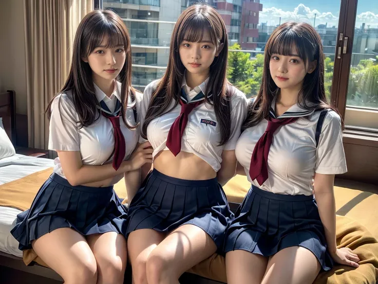 (RAW photo, 4k, masterpiece, high resolution, extremely complex) (realistic: 1.4), cinematic lighting
 ((2 girls, 2 schoolgirls)),Slam Dunks,blushing,((innocent)),(Dark makeup),bright eyes,round eyes,blunt bangs,(straight hair:1.3),black hair,large breasts...