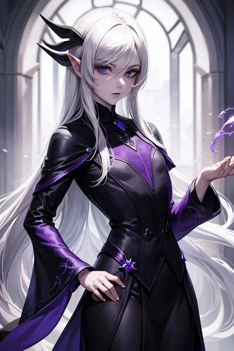 Drow, Cabelos longos e brancos, pale skin, Olhos de um profundo tom de roxo, Veste-se com um traje elegante, misturando elementos de armadura e roupas leves, com uma capa com capuz preto.