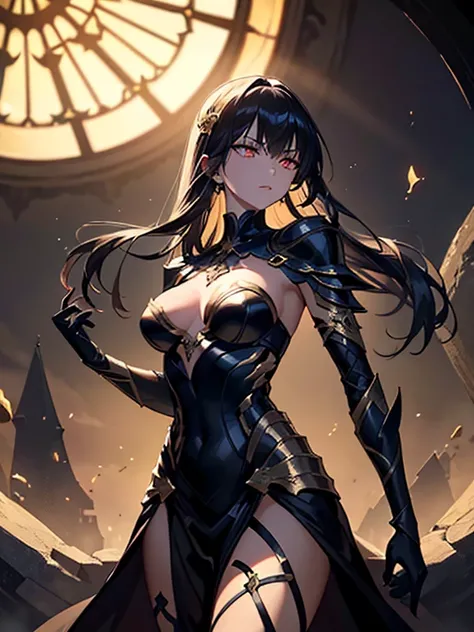 A breathtaking artwork of a female character of unimaginable beauty, set in a dark and opulent environment. The full-body view reveals an impressive figure, exuding an aura of power and mystery. She wears black and gold clothes, radiating a luxurious darkn...