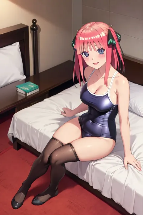 best quality, ultra-detailed masterpiece, nino nakano, one-piece swimsuit, breasts, pantyhose, blush, smile, cushion, bed room