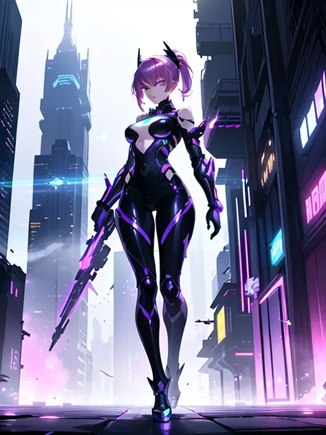 a sleek and modern artwork of a cyberpunk female character in a high-tech, futuristic cityscape. the full-body view reveals her ...