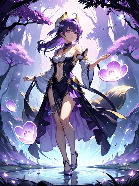 a charming artwork of a mystical and shimmering female character in a magical, moonlit landscape. the full-body view reveals her...