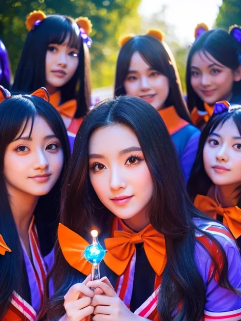 「Sunlight Orange」「Mint Crystal」「Obsidian Elf」「Purple moonlight」「Crimson Phantom」「Magic blue bear」（（Number of people: 7 people））

straight hair、pupils sparkling（Skin brightening）
high quality、8K ，最high quality，Sexy pose，（（Cheerleading girls，Number of people...