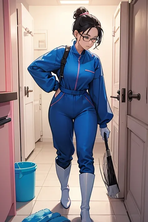 A mature woman with glasses and black hair tied up in a blue long-sleeved jumpsuit and white rubber boots is trying to put on a pair of oversized pink rubber gloves in front of the cleaning supplies cupboard in the bathroom