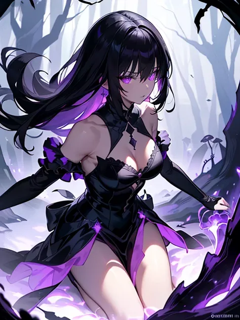 A captivating artwork of a darkly enchanting female character in a shadowy, magical setting. The full-body view reveals her in dark and magical clothes of black and purple, perfectly matching her mysterious aura. Her short black hair and intense crimson ey...