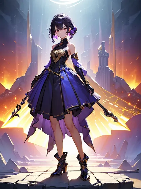 Design a layout showcase Gaming character, (1girl). 
Golden|Purple clothes, stylish and unique. 
((showcase weapon:1.4)), magic staff. 
(masterpiece:1.2), (best quality), 4k, ultra-detailed. 
(Step by step design, layout art:1.5), (luminous lighting, atmos...