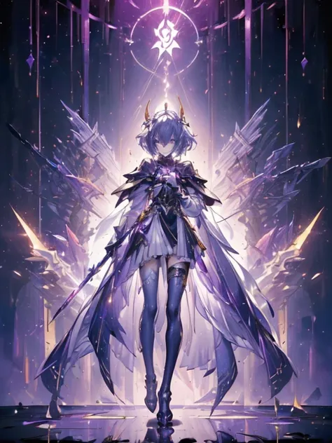 Design a layout showcase Gaming character, (1girl). Golden+Purple clothes, stylish and unique. ((showcase weapon:1.4)), magic staff. (masterpiece:1.2), (best quality), 4k, ultra-detailed. (Step by step design, layout art:1.5), (luminous lighting, atmospher...