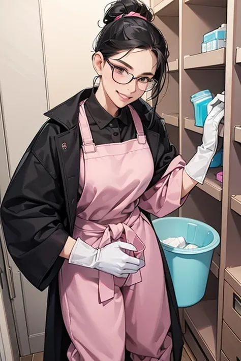 A mature woman with glasses and black hair tied up in a long-sleeved grey jumpsuit and white rubber boots is grinning as she tries on a pair of oversized pink rubber gloves in front of the cleaning supplies cupboard in the bathroom