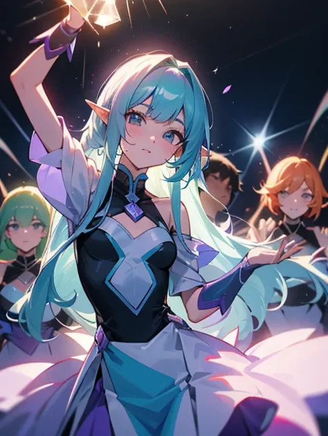 「Sunlight Orange」「Mint Crystal」「Obsidian Elf」「Purple moonlight」「Crimson Phantom」「Magic blue bear」（（Number of people: 7 people））

straight hair、pupils sparkling（Skin brightening）
high quality、8K ，最high quality，Sexy pose，（（Cheerleading girls，Number of people...