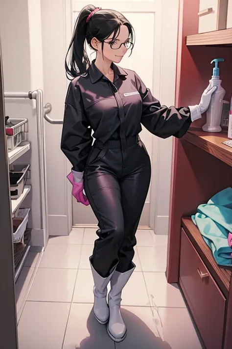 A mature woman with glasses and black hair tied up in a long-sleeved grey jumpsuit and white rubber boots is excitedly trying on a pair of oversized pink rubber gloves in front of the cleaning supplies cupboard in the bathroom