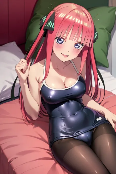 best quality, ultra-detailed masterpiece, nino nakano, one-piece swimsuit, breasts, pantyhose, blush, smile, cushion, bed room