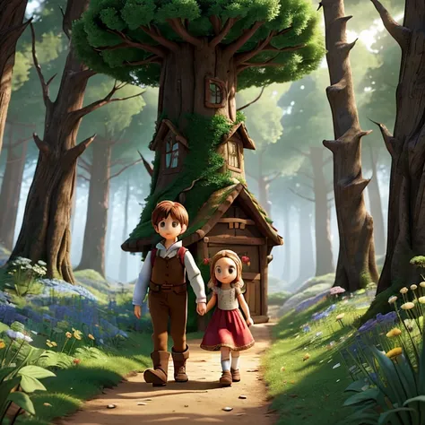 An artistic interpretation of the famous fairy tale "Hansel and Gretel" presented in a unique cartoon and cute version. The brother and sister walked towards a forest. The overall atmosphere is a mixture of whimsy and a hint of mystery.