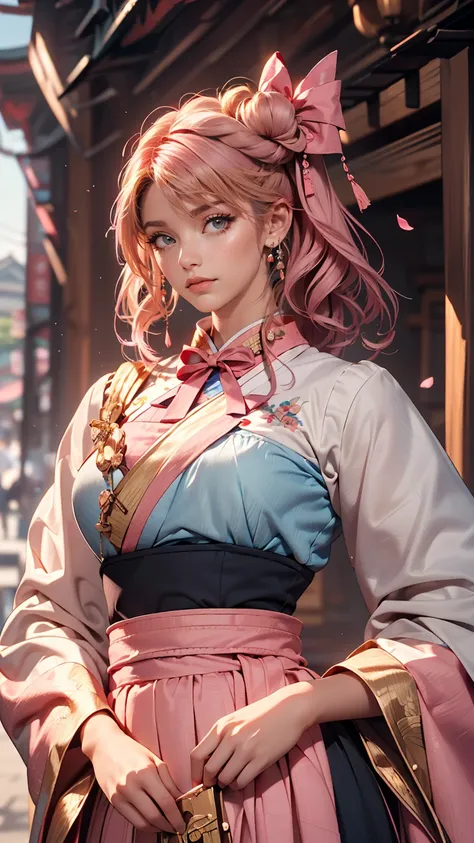 (finely detailed beautiful eyes and detailed face,masterpiece sidelighting,masterpiece,highest quality,detailed,High resolution illustrations),, (One girl,whole body,beautiful girl,Shiny skin,Looking down,View Viewer),, (Pink Hair,blue eyes,ribbon,hanbok, ...