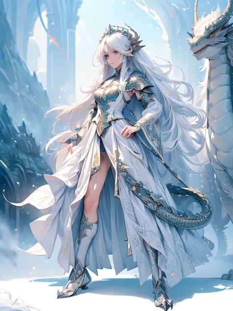 Design a layout showcase Fantasy character, (1girl), mounted on a dragon. 
Beautiful armor, wielding a spear, long white hair, wearing a tiara. 
((detailed dragon:1.4)), white dragon, full of intricate details. 
(masterpiece:1.3), (best quality), 4k, ultra...