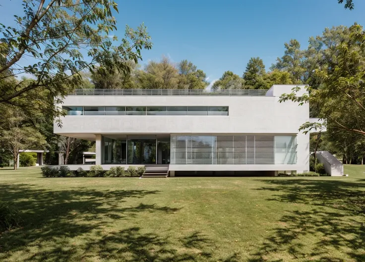 exterior architec ture, lecorbusier style, white house , plant around the building, sky, trees, the building in forest, surround...