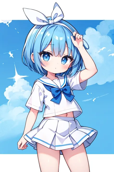 Chibi, a short-haired girl with blue hair covering her left eye. Big white bow on head. Wears a sailor suit. Blue bow with white chest. white short skirt