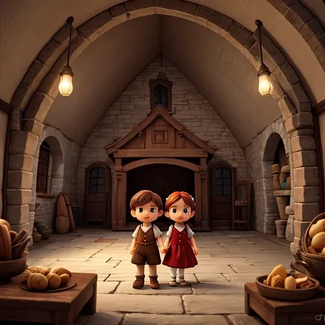 to famous fairy tales《Hansel and Gretel》artistic interpretation，Presented in a unique cartoon cute version。The brother and sister ran away from the candy house，。The overall atmosphere is a bit mysterious。