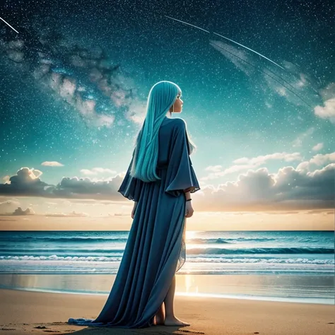 Create a high-quality, 8K ultra-high resolution image of a woman with long, light blue hair standing on a beach, holding a mirror. She is looking at her reflection, which has a blurred face and is gazing directly at the viewer, conveying an eerie and melan...