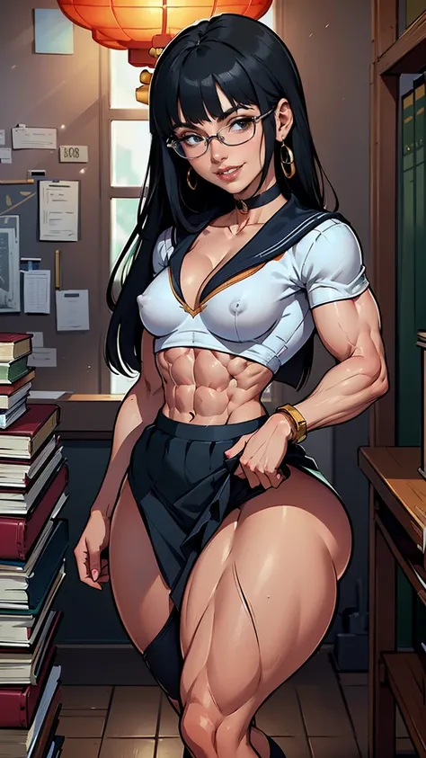 (Muscular:1.8), (thick thighs:2), (asian female:2.5), adult, (blunt bangs, long black hair:1.5), (glasses), earrings, eyeshadow, lipstick, (upper body view:1.4), (striations), (hard nipples), (small breasts:2.5), wearing a watch, wearing a bracelet, (choke...