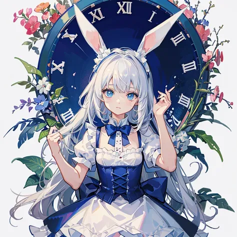 （highest quality，masterpiece，watercolor，Splash Ink），Alice in Wonderland,Fantasy,Bunny ears,.clock,Beautiful and delicate girl portrait，Playful and cute white hair, blue eyes, Blue clothes, Maid clothes, (((whole body)))