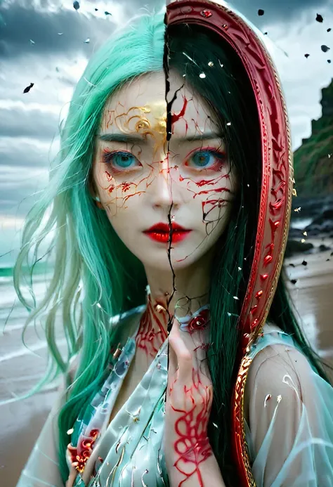 Create a high-quality, 8K ultra-high resolution image of a woman with long, light blue hair standing on a beach, holding a mirror. She is looking at her reflection, which has a blurred face and is gazing directly at the viewer, conveying an eerie and melan...