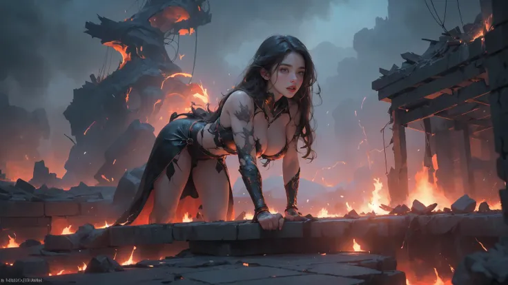 (best quality,4k,8K,High resolution,masterpiece:1.2),Extremely detailed,(Practical,photoPractical,photo-Practical:1.37),Giantess in chains，And wrapped in burning chains,view from below,illustration,metallic feel,Demonic breath,huge numbers,Possessing great...