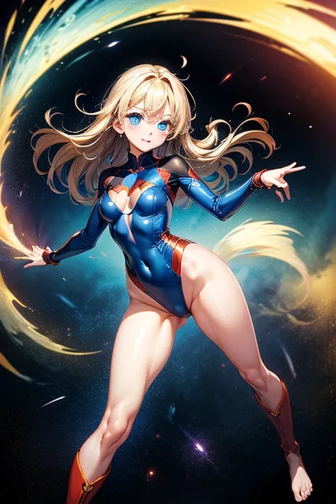 masterpiece, highest quality, High resolution, One girl, alone, Superhero, leotard, barefoot, boots, matching boots, aura, blue aura, No sleeve, gloves, bracelet, matching gloves, View Viewer, Particles of light, Space Background, Perfect hands, Perfect Ey...